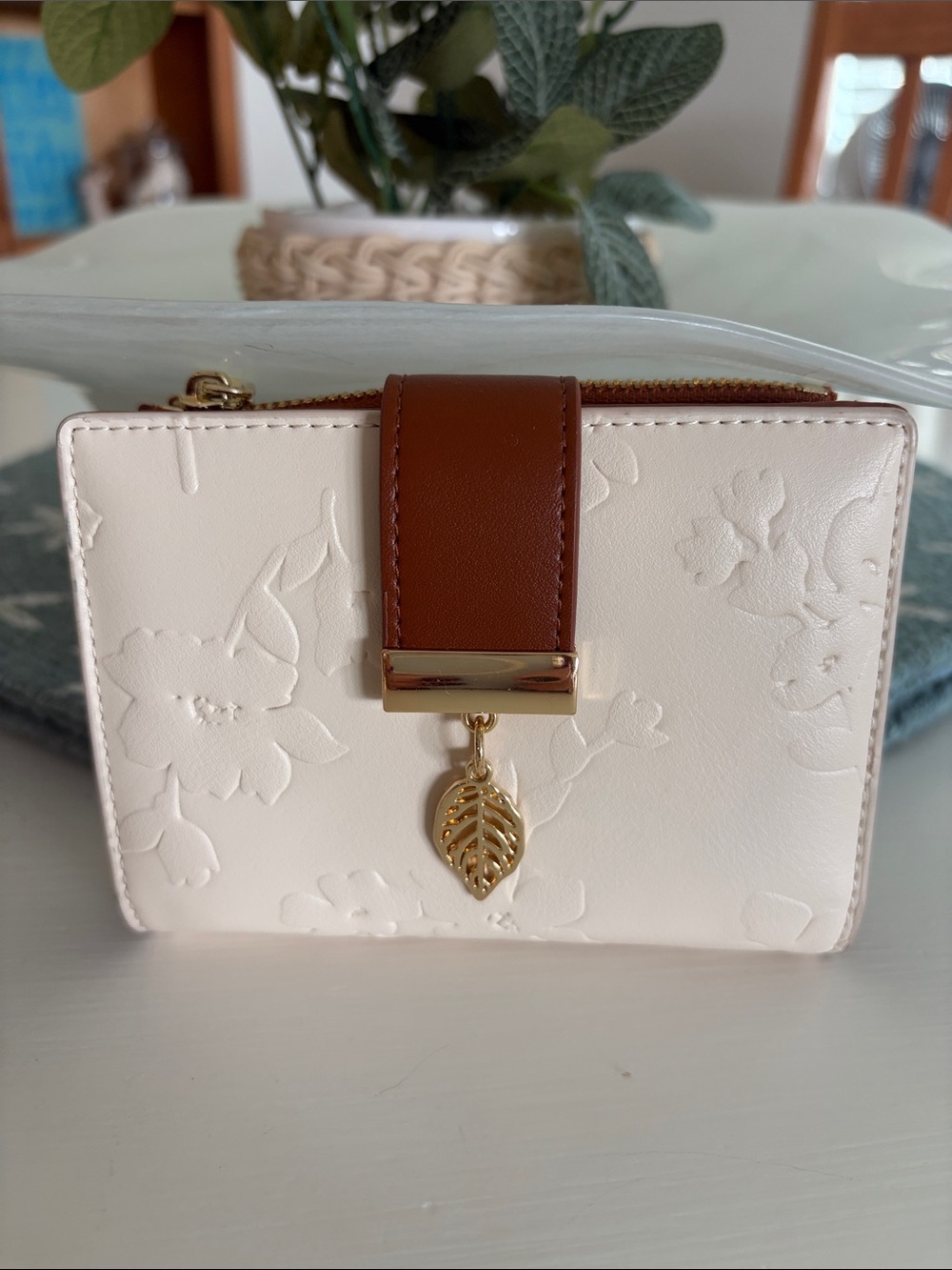 Cream and Brown Women's Embossed Leaf Charm Wallet